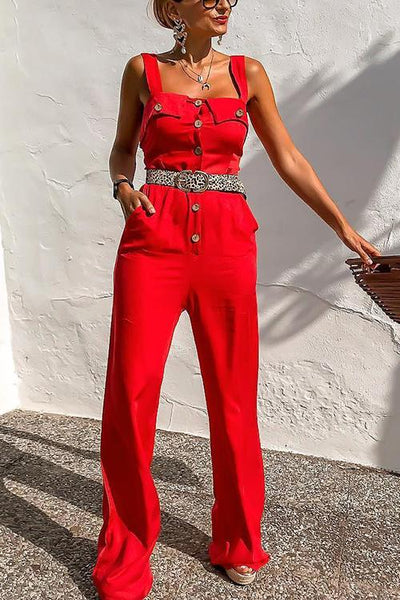 Button Pockets Belted Slip Jumpsuit