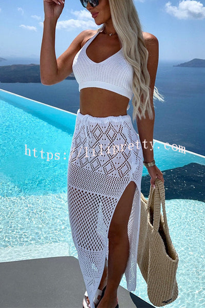 Merissa Knit Halter Tank and Hollow Out Drawstring Elastic Waist Slit Skirt Set