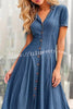Button Stitched High Waisted Denim Short Sleeved Midi Dress