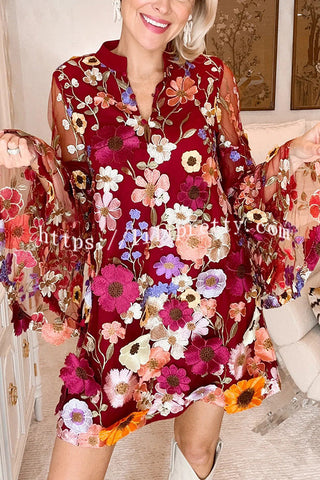 Flowers Blooming Embroidery Floral Applique Tiered Bell Sleeve Loose Mini Dress
