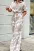 Irregular Print High Waist Side Pocket Button Tie Jumpsuit
