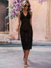 BENDITA PERFORATED KNIT COLLARED MIDI DRESS - BLACK