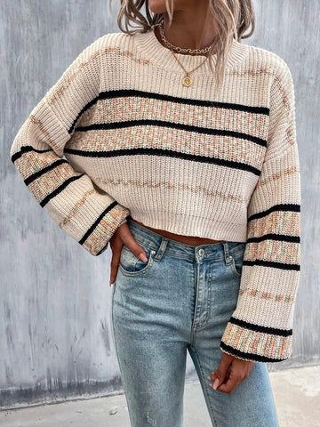 Long Sleeves Printing Color-Block Round-Neck Sweater Tops