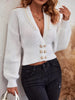 Leisure Buttoned Plunging Crochet Drop Shoulder Sweater Tops
