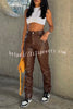 Solid Color Faux Leather Pocket High Waist Pants