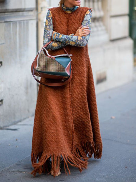 Bohemia Sleeveless Loose Tasseled Crochet Vest Sweater Maxi Dresses