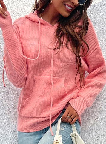 HOODED POCKET SOLID COLOR SWEATER