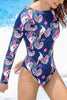 Floral Print Backless Lone Sleeve One Piece Swimwear
