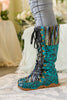SOFFIA | ROSE EMBOSSED TEAL LEATHER TIE-ACCENT BOOT
