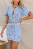 Hugo Denim Front Zipper Puff Sleeve Pocketed Belt Mini Dress