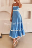 Bayside Beauty Wave Trim Patchwork Back Smocked Suspender Maxi Dress