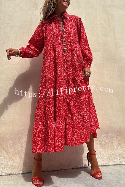 Kenlee Printed Button Up Long Sleeve A-line Shirt Midi Dress