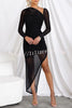 Fashionably Mesh Overlay Asymmetrical Design Ruched Stretch Maxi Dress