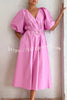 Elegant V Neck Ring Belt Lace Up Puff Sleeve Pocket Midi Dress
