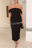 Like Venus Ruched Mesh Overlay Off Shoulder Maxi Dress