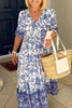 V Neck Floral Print Elastic Waist Maxi Dress