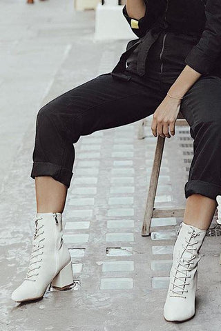 Square Toe Mid Heels Lace Up Boots