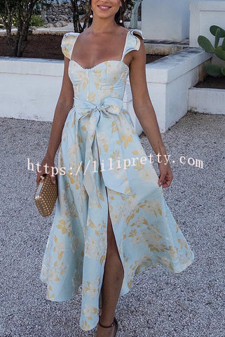 Baroque Floral Sweetest Ruffle Back Smocked Corset Midi Dress