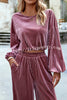 Velvet Long Sleeved Top and Wide Leg Pants Two Piece Set