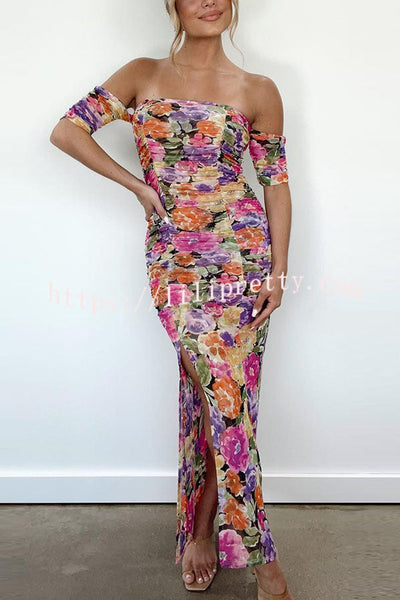 Perfect Guest Look Floral Off Shoulder Ruched Slit Maxi Dress
