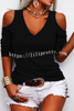 Solid Color V Neck Cold Shoulder Long Sleeve Relaxed Top