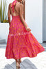 Floral Print Halter Neck Paneled Hollow Pleated Backless Maxi Dress