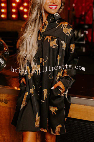 Enter Your Party Era Satin Cheetah Pattern Pocketed Shirt Mini Dress