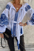 Bay Breeze Ethnic Print Tassel Lantern Sleeve Blouse