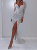 Banquet White Long Sleeves Hollow Split-Side Shiny V-Neck Maxi Dresses