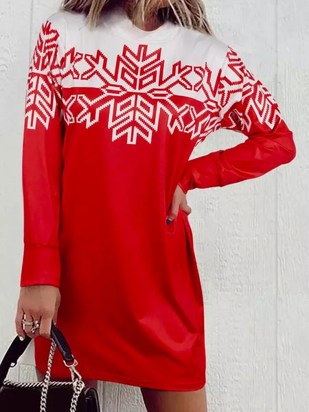 Christmas Printing Contrast Color Round-Neck Sweater Minidresses