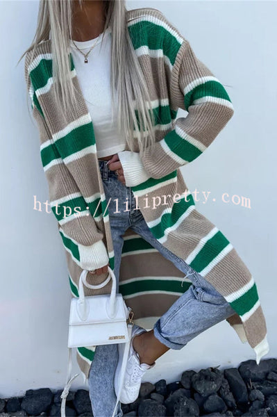 Striped Side Pocket Buttonless Long Sleeve Knit Cardigan