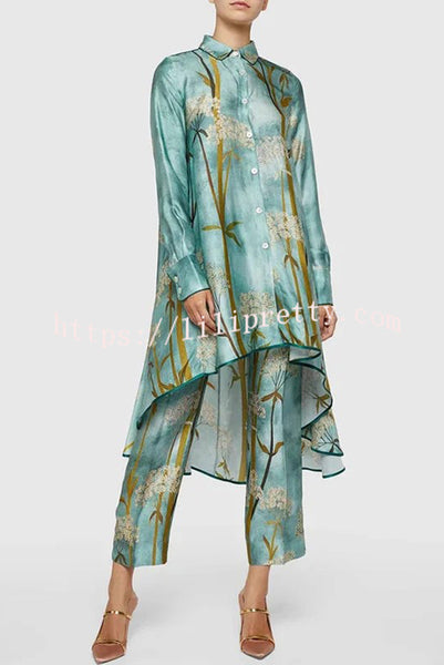 Floral Print Single Breasted Long Sleeved Shirt and Pants Two Piece Set
