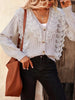 Long Sleeves Buttoned Ruched Embroidered V-Neck Sweater Tops