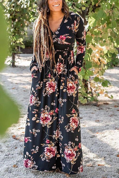Floral Print V Neck Long Sleeve Maxi Dress