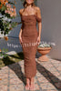 Like Venus Ruched Mesh Overlay Off Shoulder Maxi Dress