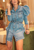 Denim Turndown Collar Puff Sleeve Belted Coat