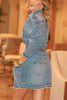 Denim Turndown Collar Puff Sleeve Belted Coat