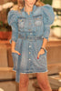 Denim Turndown Collar Puff Sleeve Belted Coat
