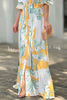 Floral Print Shirt Neck Puff Sleeve Button Maxi Dress