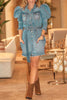 Denim Turndown Collar Puff Sleeve Belted Coat