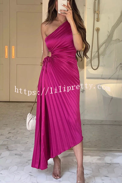 Glam Vibes Satin One Shoulder Side Cutout Pleated Maxi Dress