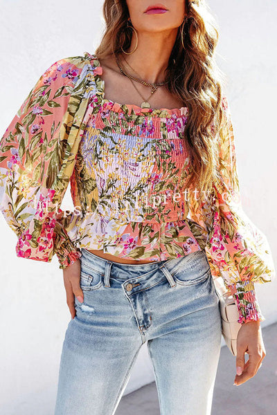 Palace Queen Floral Smocked Billowy Sleeves Top