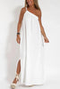 Rustic Linen Blend One Shoulder Lace Up Slit Maxi Dress