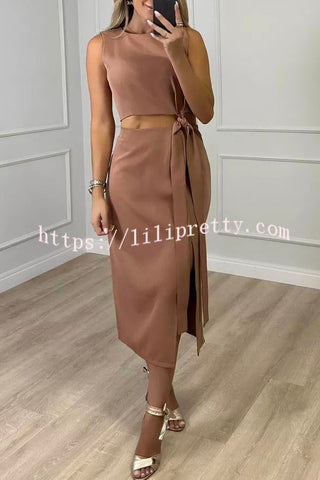 Beach Party Waist Tie-up Tank Top and Side Slit Midi Skirt Set