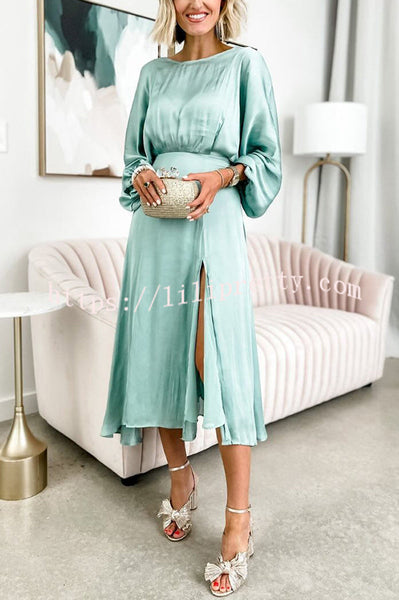 Best Wedding Guest Satin Dolman Sleeve Slit Midi Dress