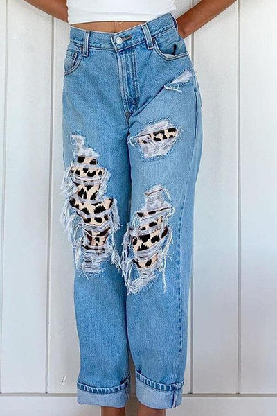 Ripped Leopard Loose Leg Jeans