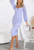 Iconic Crush Ruched Long Balloon Sleeve Mesh Overlay Midi Dress