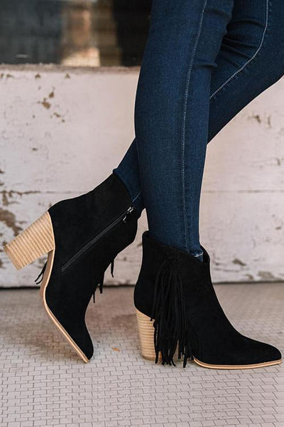 Tassels Slip On Heel Ankle Booties