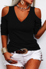 Solid Color V Neck Cold Shoulder Long Sleeve Relaxed Top