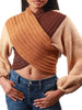 Bishop Sleeve Contrast Color Split-Joint Crochet V-Neck Short Sweater Tops